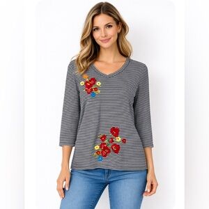 Madewell Embroidered floral top striped black and white